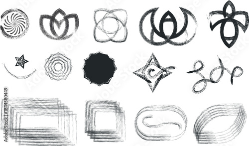 Collection of 12 abstract black and white line art symbols and shapes