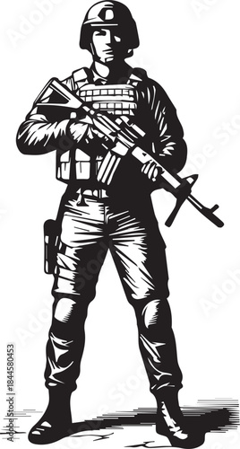 Soldier in full tactical gear holding an assault rifle, black and white illustration