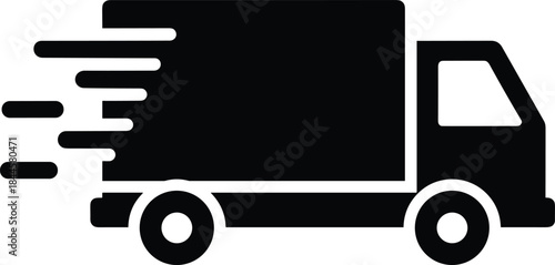 Solid black silhouette icon of a large delivery truck or van moving rapidly, symbolizing fast shipping, timely logistics, express mail service, and quick transportation.