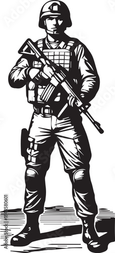 Soldier in tactical gear holding an assault rifle, black and white illustration