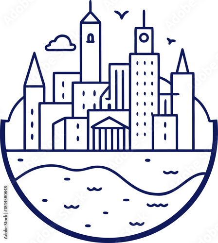 Underwater city concept illustration vector outline  on white background 