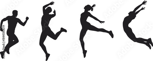 Silhouettes of dynamic human movement in athletic, dance, and artistic poses captured in energetic black shapes on white background