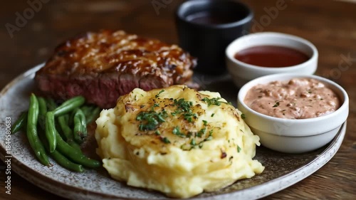 Plate of steak, mashed potatoes, green beans, and sauces on wood table
