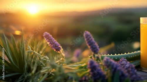 Orange drink next to lavender, aloe vera plants in sunset nature scene
