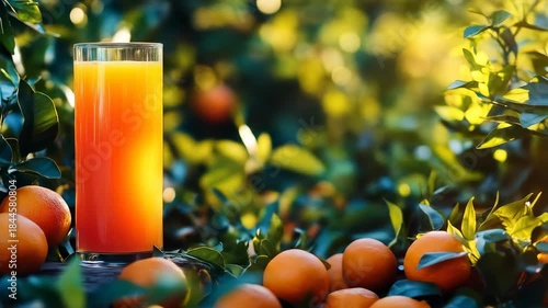 Orange juice in glass with oranges, leaves, and bright sunlight background