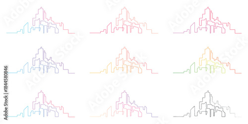 Minimalistic continuous line drawing cityscape collection showcasing nine vibrant color variations of an abstract urban skyline silhouette vector graphic design