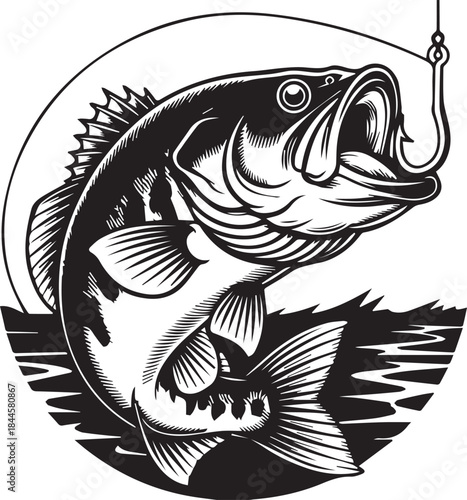 Black and white bass fish jumping out of water with hook graphic