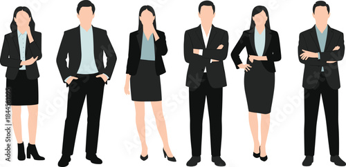 Six illustrated business professionals—three men and three women—standing in formal attire, symbolizing corporate diversity and professionalism