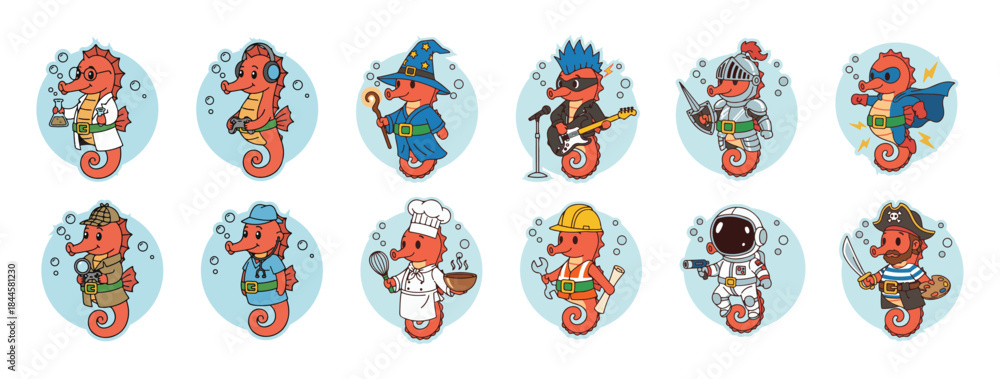 Obraz premium Funny Red Seahorse Characters Performing Different Human Professions