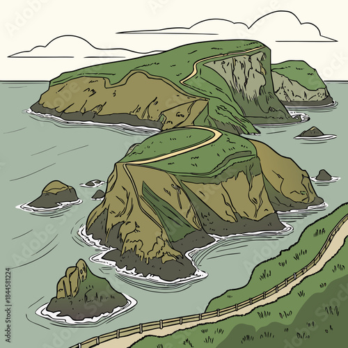 Stylized illustration of a rugged coastal landscape with green grassy cliffs winding dirt paths and rocky outcrops surrounded by calm blue water under a cloudy sky