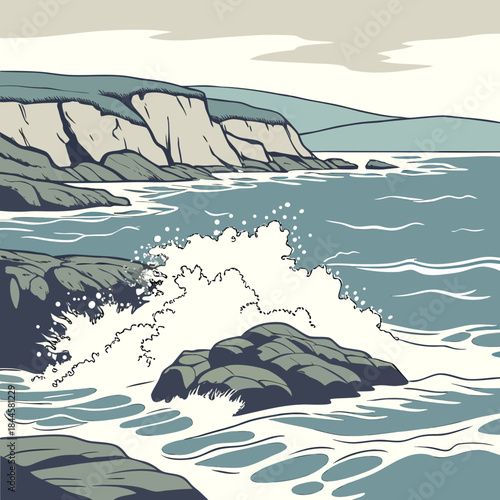 A stylized illustration of a powerful ocean wave crashing against rugged coastal rocks under a cloudy sky with distant cliffs