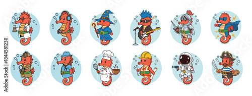 Funny Red Seahorse Characters Performing Different Human Professions