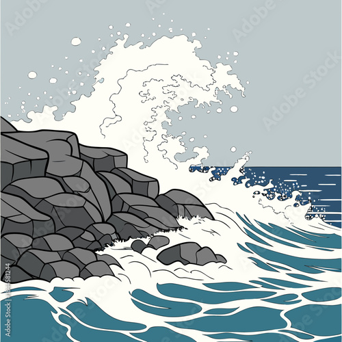 A powerful ocean wave crashes against a rocky shore with white foam and spray under a pale blue sky in a stylized illustration