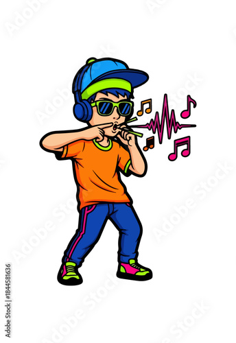 Cartoon Boy Playing Music with Instrument and Headphones.