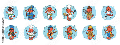 Seahorse Professions Vector Set. Creative and Professional Sea Horse Characters Collection
