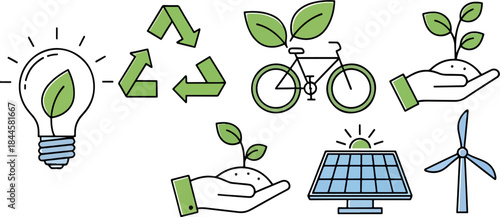 Eco-friendly lifestyle icons representing green energy, recycling, sustainability, and healthy living in a clean, modern style