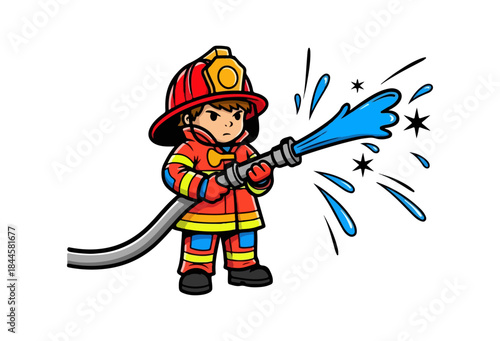 Cute cartoon child firefighter holding a water hose illustration.