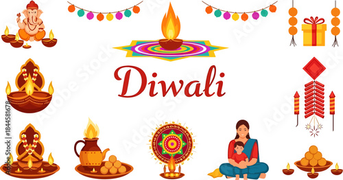 Diwali Festival Illustrations Collection with Lord Ganesha, Diyas, Sweets, Gifts, Firecrackers and Rangoli Designs