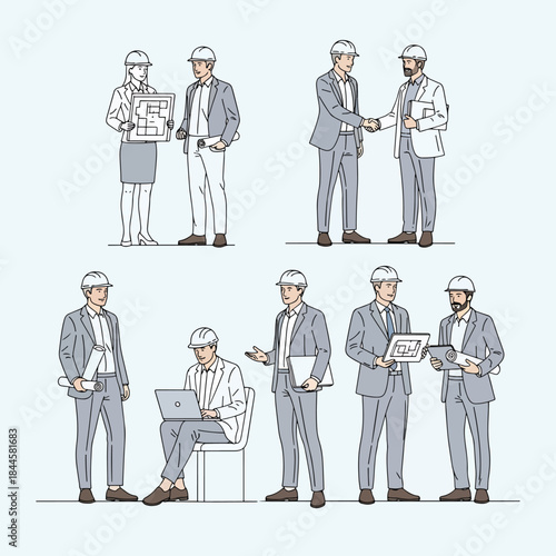 Diverse team of architects and engineers collaborating on blueprints and digital plans in a modern office setting