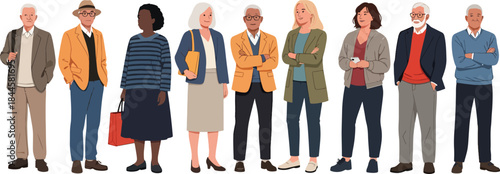 Diverse group of stylishly dressed senior men and women standing together in a line, representing aging gracefully and active lifestyle.