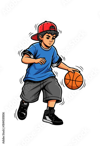 Young boy dribbling basketball with red cap and shorts.