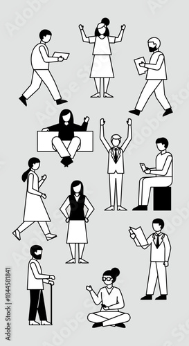 Diverse group of people in various poses and activities representing modern life and business interactions