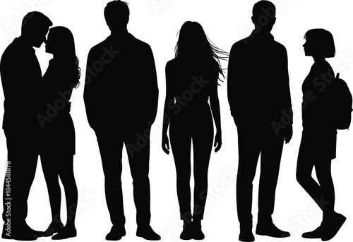 Six silhouetted individuals in varied postures and attire, symbolizing human interaction, diversity, and relationships on white background