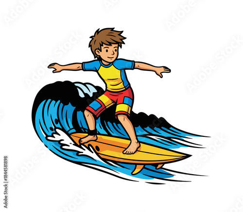 Young surfer riding a wave with a surfboard in the ocean.