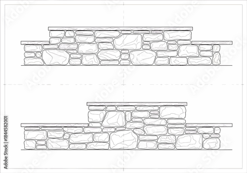 Detailed illustration of a tiered stone wall construction with flat top surfaces on two levels