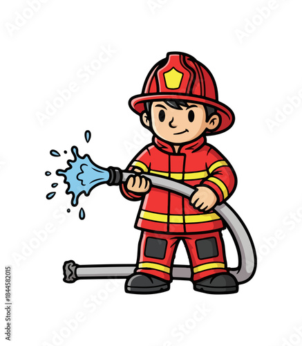 Cartoon Firefighter with Hose Spraying Water, Heroic Profession, Emergency Response.