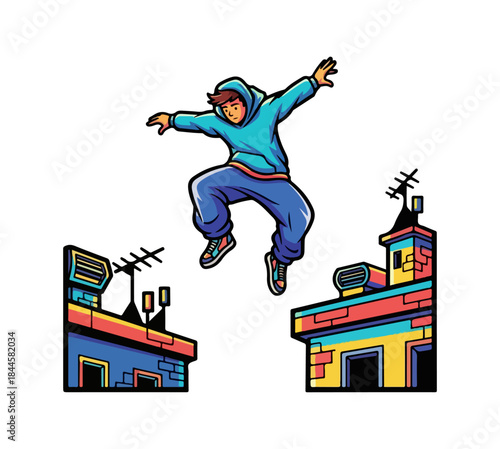 Dynamic parkour athlete jumping between urban rooftops with energy.