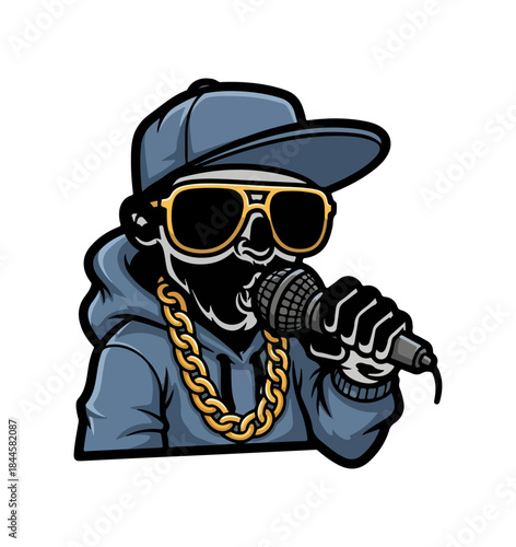 Cool skeleton rapper wearing sunglasses and cap holding microphone.