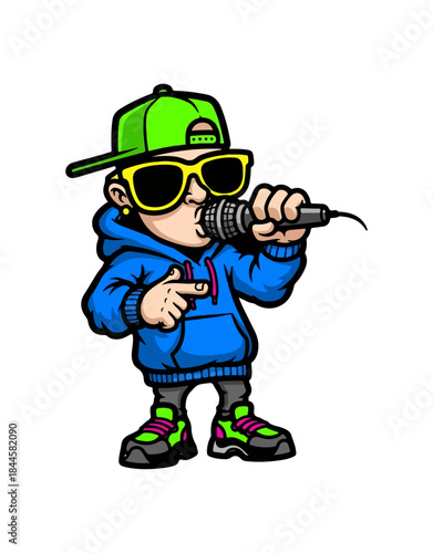 Cartoon boy rapper performing with microphone in hip hop style.