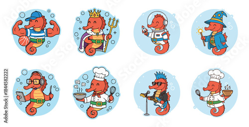 Seahorse Professions Vector Set. Creative and Professional Sea Horse Characters Collection