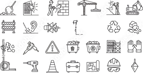 Construction industry icons set demolition equipment tools safety signs waste management recycling building architecture construction site