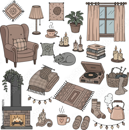 Cozy Hygge Scene with Armchair, Fireplace, Cat, Books, and Knitting for Relaxing Home Atmosphere