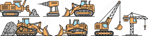 Construction Heavy Machinery Set Featuring Bulldozers, Excavator, Drill, and Cranes for Industrial Projects