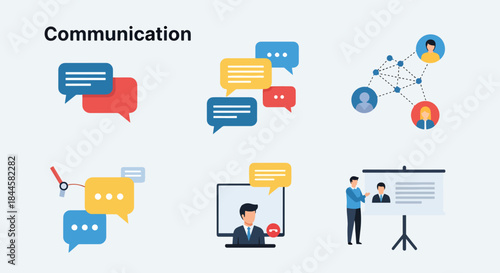 Communication concept vector illustrations representing dialogue, networking, online calls, and presentations with diverse people
