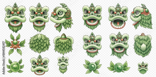 Set of green Chinese lion dance heads and decorative elements, traditional cultural symbols.