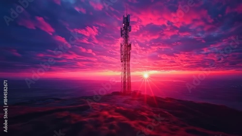 Tower atop hill during a vibrant pink and purple sunset