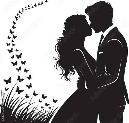 Couple kisses on a meadow, black silhouette