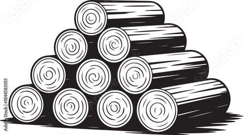Detailed out line art of stacked firewood logs with visible bark texture isolated on white background