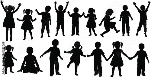 Children silhouettes, playful poses, dancing, jumping, sitting, vector clipart, black and white, childhood motion, gesture, interaction