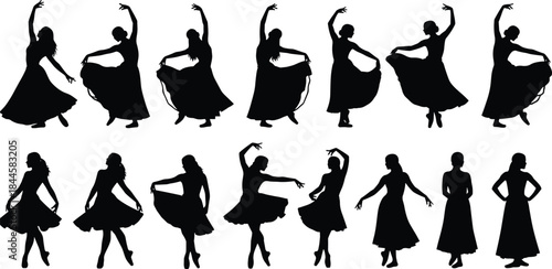Dancing woman silhouettes, graceful poses, flowing dress, vector clipart, black and white, expressive movement, ballet, folk, elegance