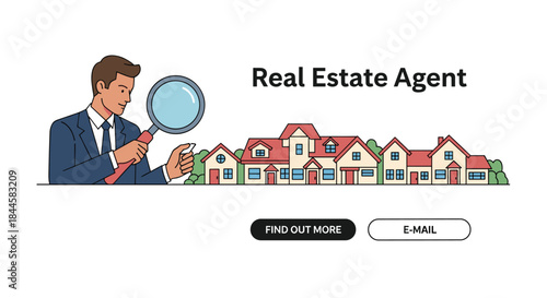 Real estate agent character in a suit inspecting a row of houses with a magnifying glass for a property search web banner.