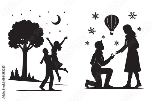 Romantic silhouette moments: a joyous couple under moonlight and a winter proposal scene