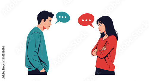 Young couple, a man and a woman, having a heated argument with angry expressions and speech bubbles illustrating conflict.