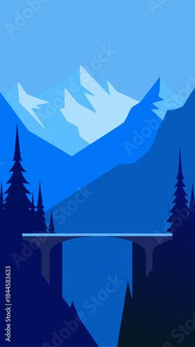 Minimalist blue mountain landscape with a bridge and pine trees