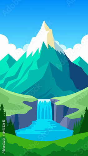 Majestic mountain landscape with waterfall and lush greenery