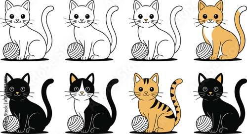 Cartoon Cat Grid Illustration, 2x4 Layout, Colorful and Line-Art Cats with Yarn, Children’s Book Style